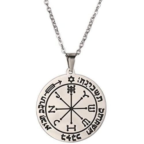 VASSAGO Stainless Steel Sixth Pentacle of Mars Key of Solomon Seal Pendant Necklace Engraved Round Charm Talisman Necklaces Jewelry for Men Women Teens Christmas Birthday New Year Gifts