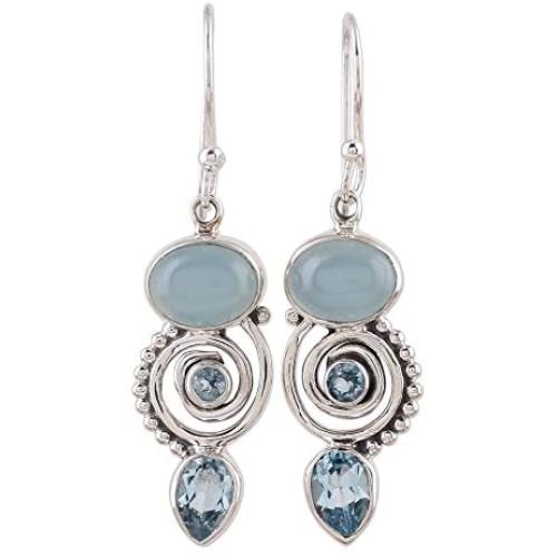 NOVICA Blue Topaz and Chalcedony .925 Sterling Silver Dangle Earrings Sentimental Journey