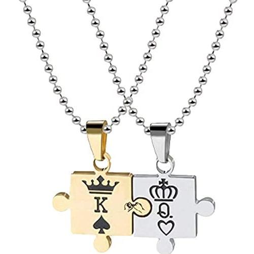 Ckysee Couples Necklace - Love Necklace For Couples, Women Men, Girlfiend And Boyfriend Matching Necklaces Stainless Steel King & Queen Relationship Necklaces K & Q Puzzle Pendant 1 Pairs