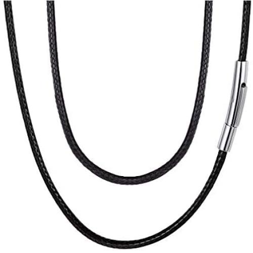 FaithHeart Braided Leather Cord 2MM/3MM Chain Necklace Stainless Steel Durable Snap Clasp, Men Women DIY Waterproof Woven Wax Rope Chain for Pendant (Gift Packaging)