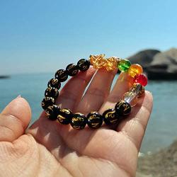 Angushiny 10mm Multi-Colored Crystal Bead Lucky Bracelets Feng Shui Black Obsidian Wealth Bracelet Pixiu Black Mantra Bead Protection Bracelet for Women