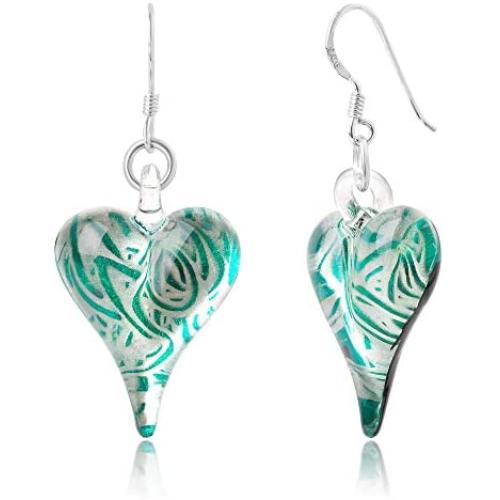 SUVANI Sterling Silver Hand Blown Glass Jewelry Heart Shaped Dangle Earrings, Color Variations