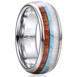 VAKKI 8mm Mens Tungsten Carbide Ring Deer Antler Turquoise Koa Wood Inlay Comfort Fit Size 7-12