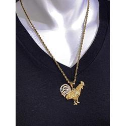 Shop-iGold Men Women 925 Italy Gold Finish Iced Gallo Rooster Ice Out Pendant Stainless Steel Real 2 mm Rope Chain Necklace, Mens Jewelry, Iced Pendant, Rope Necklace