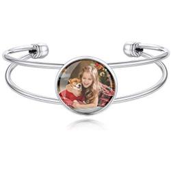Custom4U Personalized Bracelets for Women - Engraved Cuff Bangle Bracelet/Custom Picture Cuff Charm Bracelet Adjustable - Personalized Inspirational Memorial Jewelry Birthday Gift for Girls Mom