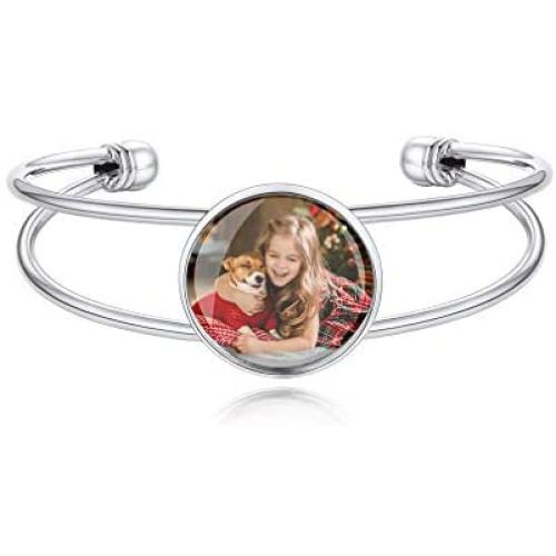 Custom4U Personalized Bracelets for Women - Engraved Cuff Bangle Bracelet/Custom Picture Cuff Charm Bracelet Adjustable - Personalized Inspirational Memorial Jewelry Birthday Gift for Girls Mom