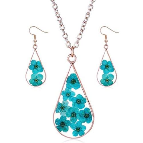 YAZILIND Dried Flower Necklace Drop Shape Pendant Necklaces Hook Earrings Women Girls Sister Birthday Jewelry Set