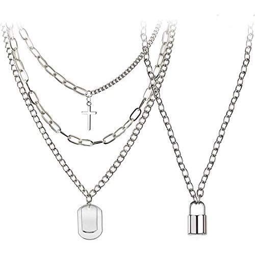 GUSHION Egirl Eboy Lock Chain Necklace for Men Male Women Teen Girls Boys, Statement Lock Key Pendant Necklace Silver Set Long Multilayer Punk Choker 2 Set