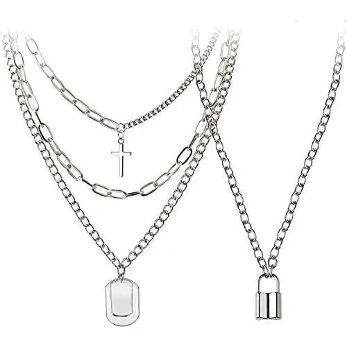 GUSHION Egirl Eboy Lock Chain Necklace for Men Male Women Teen Girls Boys, Statement Lock Key Pendant Necklace Silver Set Long Multilayer Punk Choker 2 Set GUSHION Egirl Eboy Lock Chain Necklace for Men Male Women Teen Girls Boys, Statement Lock Key Pendant Necklace Silver Set Long Multilayer Punk Choker 2 Set