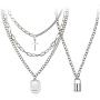 GUSHION Egirl Eboy Lock Chain Necklace for Men Male Women Teen Girls Boys, Statement Lock Key Pendant Necklace Silver Set Long Multilayer Punk Choker 2 Set
