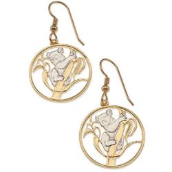Koala Bear Earrings, Australian Coin Hand Cut, 14K Gold & Rhodium Plated, 7/8'' Diam, (# 392e)