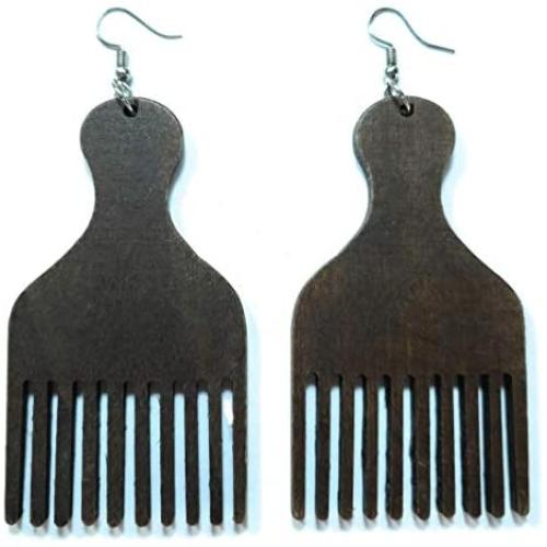 Afro Pick Hair Comb Black African American Natural Wood Women Fashion Jewelry Dangle Earrings