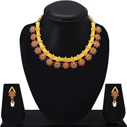 Aheli Bollywood Flower Shape Multicolor Colored Faux Stone Wedding Necklace Earrings Indian Fashion Jewelry Set for Women