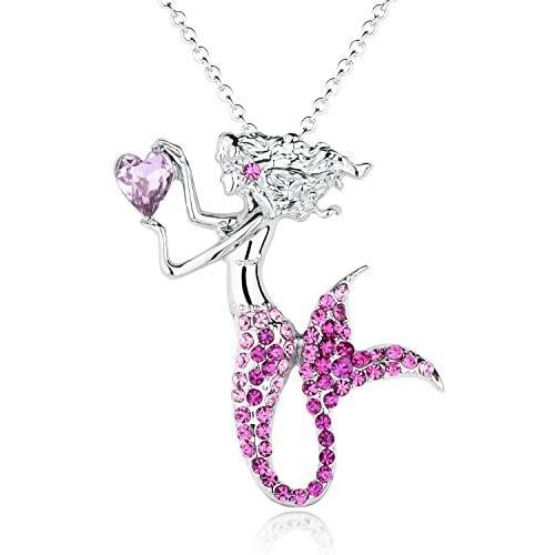 luomart Fashion Mermaid Birthstone Necklace Jewelry White Gold Plated Austrian Crystal Pendant Gift for Girls Women