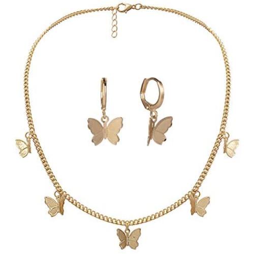 Nanafast Butterfly Necklace Earrings Set Adjustable Butterfly Chain Necklace Charm Hoop Earrings Butterfly Jewelry for Women Girls Christmas Birthday