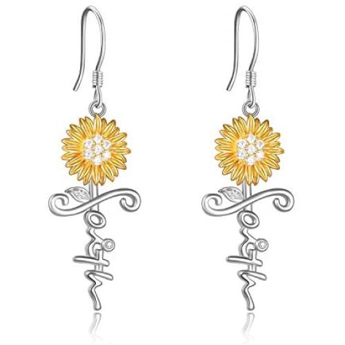 POPLYKE Sunflower Jewelry 925 Sterling Silver Sunflower Dangle Drop Earrings for Women Girls