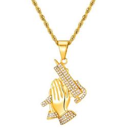 Lee Island Fashion 18K Gold Plated CZ Prayer Hand With Gun Pendant Stainless Steel Necklace, 24 Inch Chain Hip Hop Jewelry