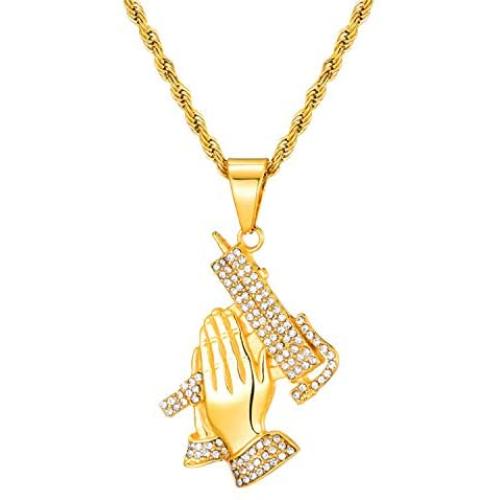 Lee Island Fashion 18K Gold Plated CZ Prayer Hand With Gun Pendant Stainless Steel Necklace, 24 Inch Chain Hip Hop Jewelry