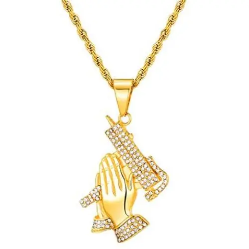 Lee Island Fashion 18K Gold Plated CZ Prayer Hand With Gun Pendant Stainless Steel Necklace, 24 Inch Chain Hip Hop Jewelry Lee Island Fashion 18K Gold Plated CZ Prayer Hand With Gun Pendant Stainless Steel Necklace, 24 Inch Chain Hip Hop Jewelry