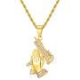 Lee Island Fashion 18K Gold Plated CZ Prayer Hand With Gun Pendant Stainless Steel Necklace, 24 Inch Chain Hip Hop Jewelry