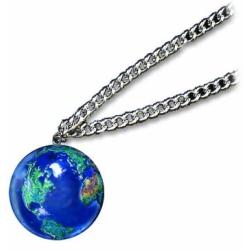 Pendant, Blue Earth Marble, Natural Earth Continents, Endless Stainless Steel Chain, 1 (22mm) Inch Diameter