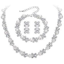 BriLove Wedding Bridal Simulated Pearl Necklace Bracelet Earrings Jewelry Set for Women Crystal Flower Collar Necklace Tennis Bracelet Drop Earrings Set Clear Silver-Tone