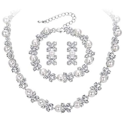 BriLove Wedding Bridal Simulated Pearl Necklace Bracelet Earrings Jewelry Set for Women Crystal Flower Collar Necklace Tennis Bracelet Drop Earrings Set Clear Silver-Tone
