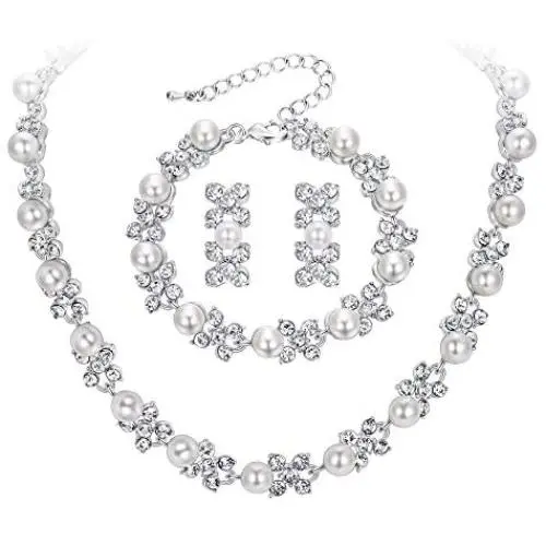 BriLove Wedding Bridal Simulated Pearl Necklace Bracelet Earrings Jewelry Set for Women Crystal Flower Collar Necklace Tennis Bracelet Drop Earrings Set Clear Silver-Tone