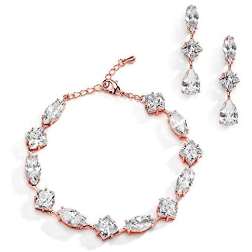Mariell Rose Gold Zirconia Crystal Wedding Bracelet Earrings Set for Women, Jewelry for Bride, Bridesmaid