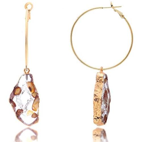 Dangle Hoop Earring with Agate Shaped - Geode Slice Druzy Earrings in Gold Plated, Great for Party, Date, Concert, Banquet and Daily Wear