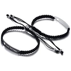 MEALGUET Stainless Steel ID Plate Bracelets Custom Engraving Handmade Braided Rope Wrist Bangle for Men Women Friendship Couple Bracelet for Christmas