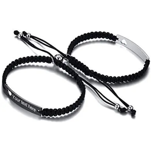 MEALGUET Stainless Steel ID Plate Bracelets Custom Engraving Handmade Braided Rope Wrist Bangle for Men Women Friendship Couple Bracelet for Christmas
