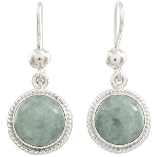 NOVICA Green Jade and .925 Sterling Silver Round Dangle Earrings, Mixco Moon
