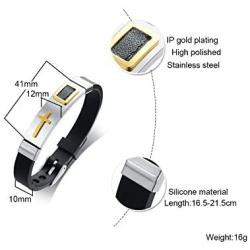 MPRAINBOW 3Pcs Stainless Steel Silicone Cross Bracelet,Religious Christian Gifts for Men Boy, Faith Jesus Prayer Adjustable Black Wristband Silicone Bracelet,7.3”-8.5”