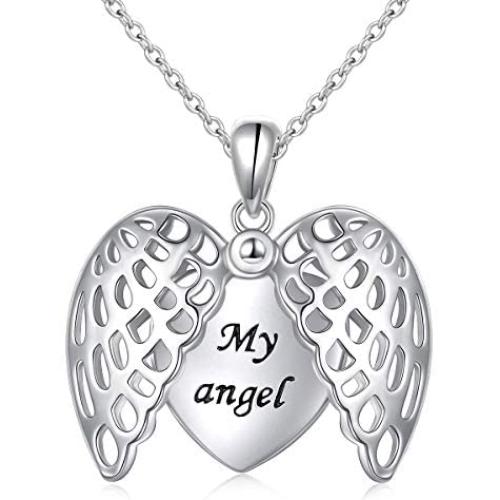 Locket Necklace 925 Sterling Silver Angel Wings Heart Necklace My Angel I love you Mothers Day Gift for Women