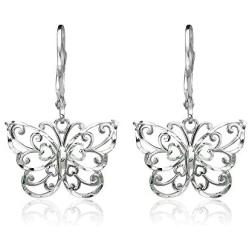 Sterling Silver Diamond-cut Filigree Thin Dainty Butterfly Dangle Drop Leverback Earrings