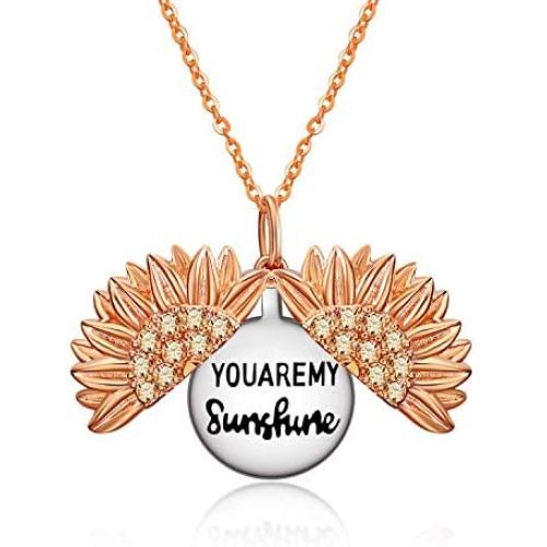 You are My Sunshine Necklace Sterling Silver Personalized Simulated Birthstone Sunflower Necklace Locket with Engraved Hidden Message Pendant Jewelry Gifts for Her