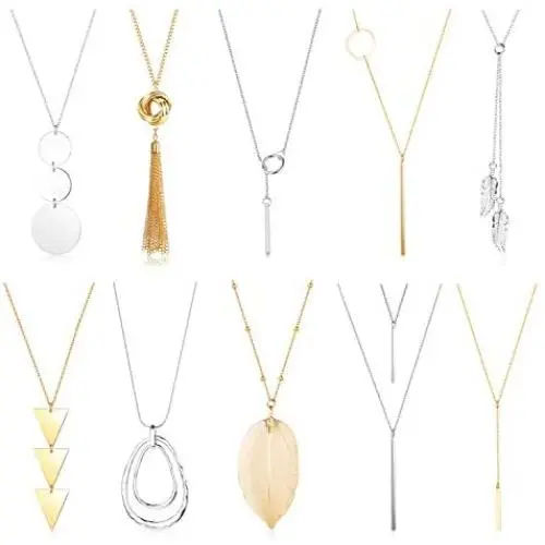 FUNRUN JEWELRY 10PCS Long Pendant Necklace Layer Bar Leaf Circle Knot Triangle Sweater Y Necklace Set for Women FUNRUN JEWELRY 10PCS Long Pendant Necklace Layer Bar Leaf Circle Knot Triangle Sweater Y Necklace Set for Women