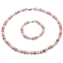 JYXJEWELRY Classic Multi-Color Pearl Necklace Bracelet Set 8-9mm Potato Shape Freshwater Cultured Pearl Jewelry Set for Women 19''
