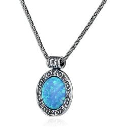 Antique Style 925 Sterling Silver Necklace with Created Blue Fire Opal Floral Design Pendant, 20''