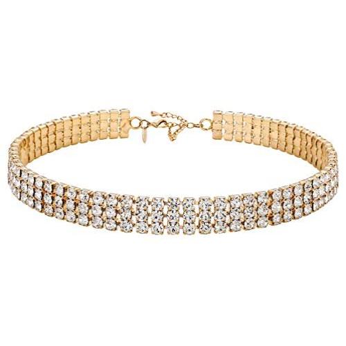 Zealmer 3 Row Rhinestone Choker Necklace for Wedding Bride Bridemaids Gift 18K Gold Plated