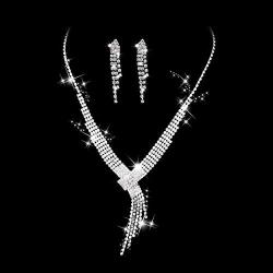 Barode Bridal Wedding Necklace Earrings Set Sparkly Rhinestones Y-Shape Tassel Pendants Brade Crystal Necklace Jewelry for Women and Girls