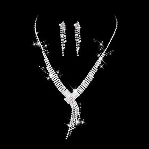 Barode Bridal Wedding Necklace Earrings Set Sparkly Rhinestones Y-Shape Tassel Pendants Brade Crystal Necklace Jewelry for Women and Girls