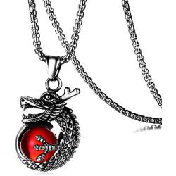 Heavstjer Punk Rock Stainless Steel Dragon Pendant Crystal Ball Necklace,24inches Link Chain