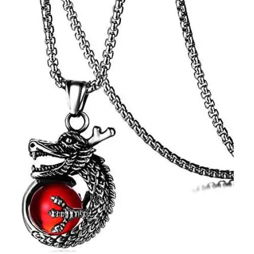 Heavstjer Punk Rock Stainless Steel Dragon Pendant Crystal Ball Necklace,24inches Link Chain
