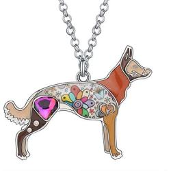 DUOWEI Floral Belgian Malinois Dog Pendant Necklace Alloy Enamel Rhinestone Pets Jewelry Gifts for Women Teens Girls