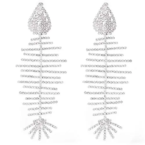 Yokawe Fashion Rhinestone Dangle Earrings Silver Exaggerated Fishbone Earrings Crystal Drop Statement Ear Jewelry for Women and Girls