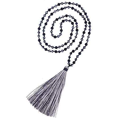 KELITCH Round Matte Ore Crystal Beaded Necklace Handmade Colorful Long Tassel Pendant Necklace