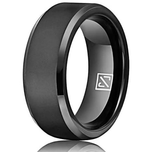 Luxffield Basic 6mm 8mm Men Wedding Black/ Silver/ Rose Gold Tungsten Ring, Couple Promise Wedding Band, Matte Finish Beveled Polished Edge Comfort Fit, Size 7.5 to 13