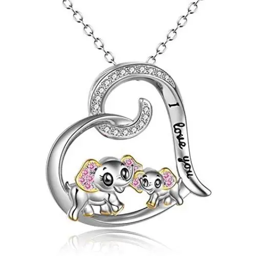 Elephant Necklace Sterling Silver Gold Plated Mother and Daughter Engraved Love Heart Dumbo Elephant Pendant Necklace Elephant Necklace Sterling Silver Gold Plated Mother and Daughter Engraved Love Heart Dumbo Elephant Pendant Necklace